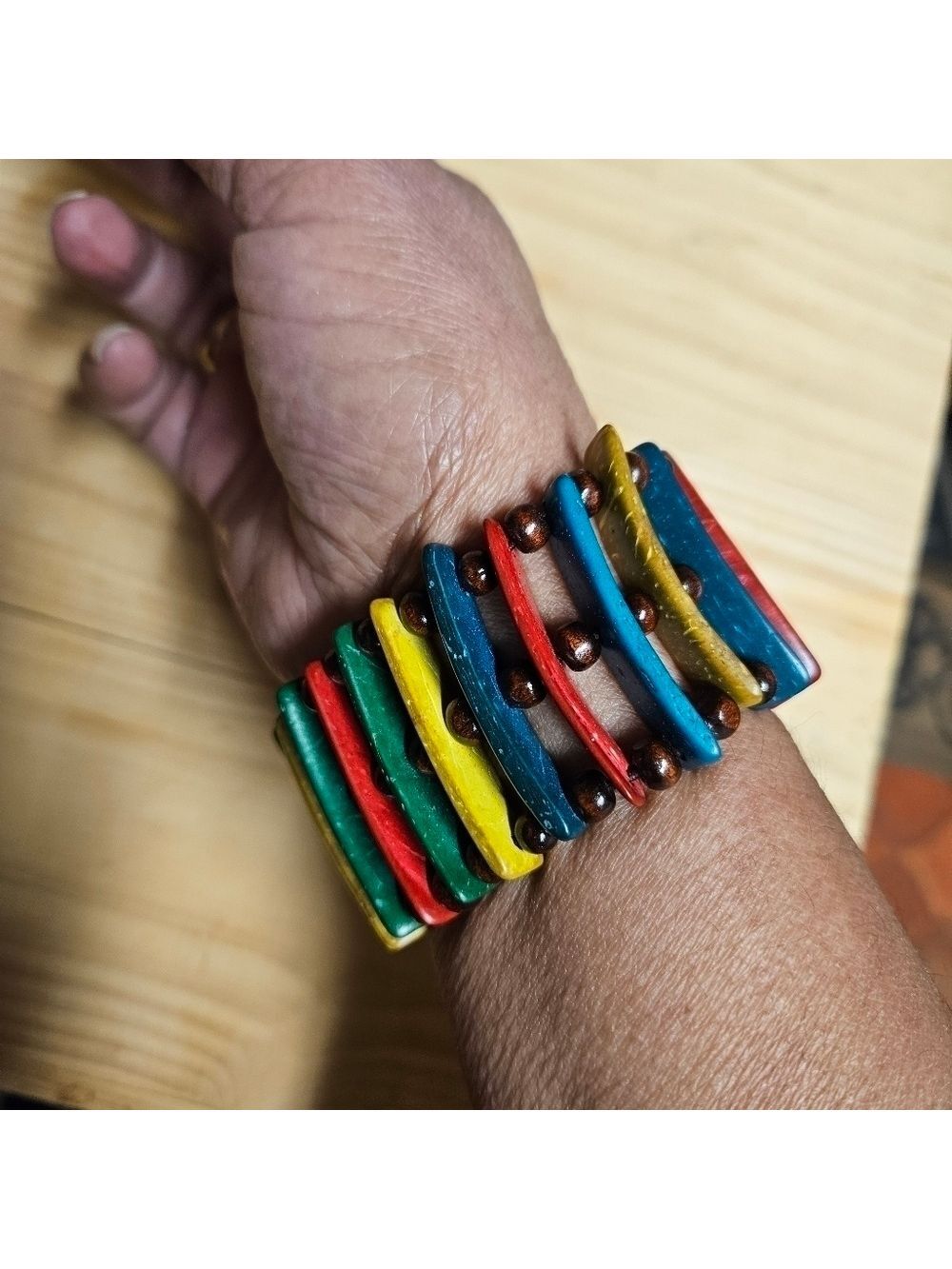 Vintage Ethnic Multicolor Wooden Slat Stretch Bracelet